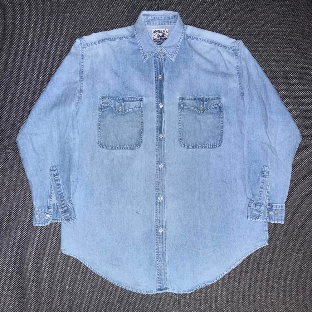 Vintage 90s Andrew's Blues Womens Blue Workwear Denim Long Sleeve Shirt Small